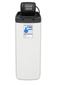 SoftFlo SEC all-in-one cabinet water softener with the control valve exposed
