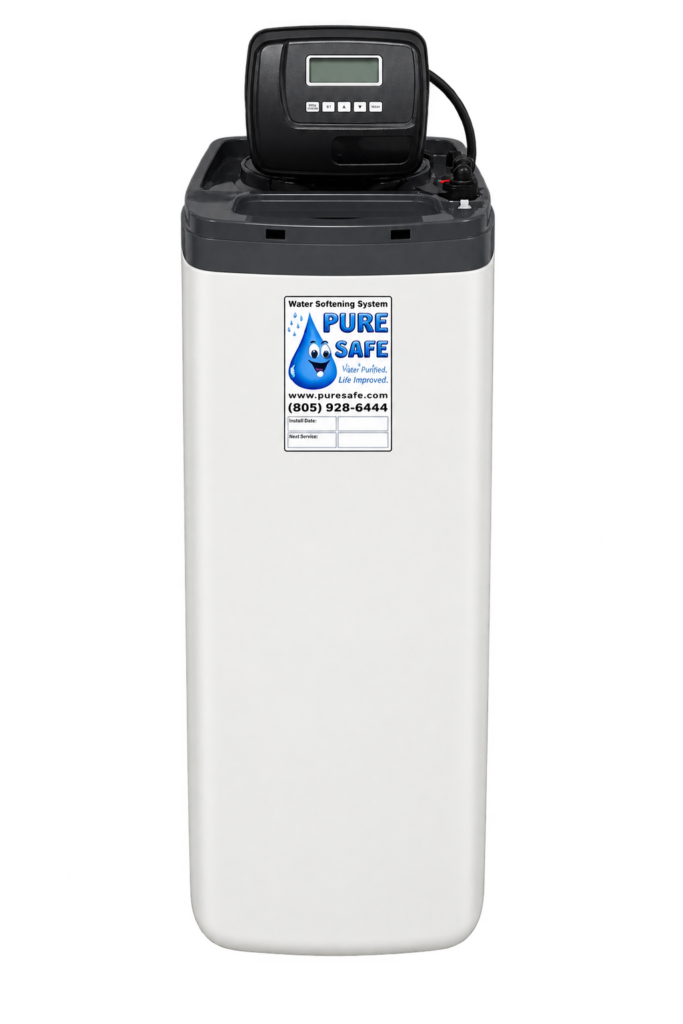 SoftFlo SEC all-in-one cabinet water softener with the control valve exposed