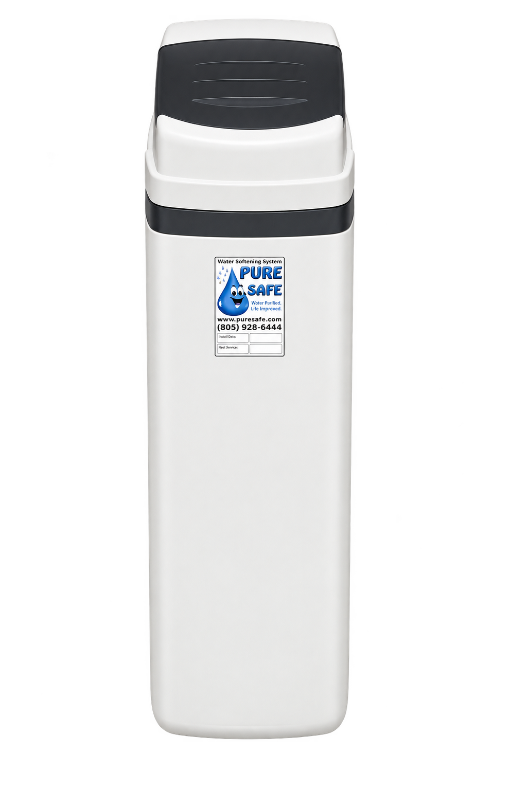 SoftFlo SEC cabinet water softener with the top cover closed over the control valve