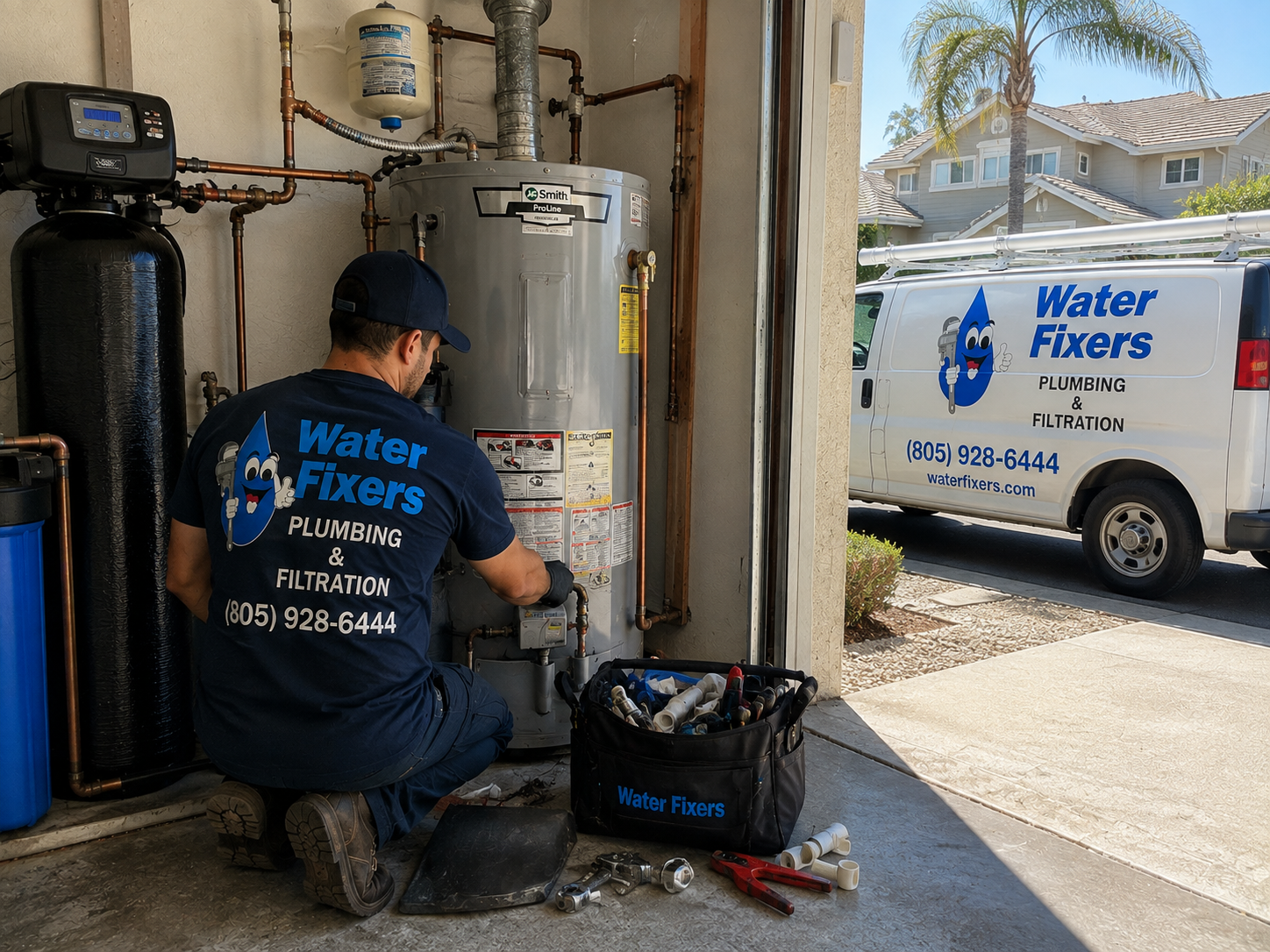 Water Fixers technician servicing a residential water heater in Grover Beach
