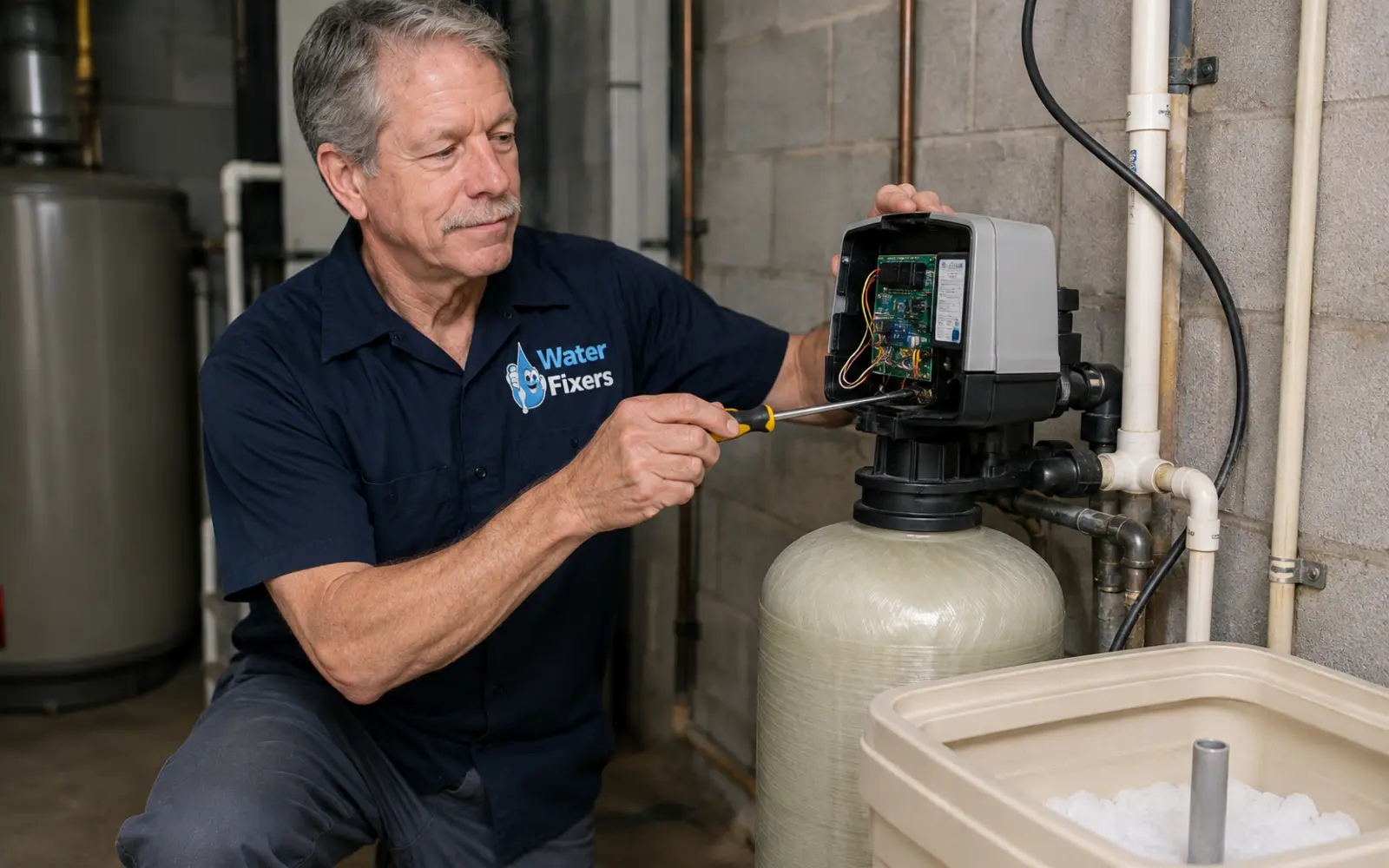 Water Fixers technician servicing a residential water softener