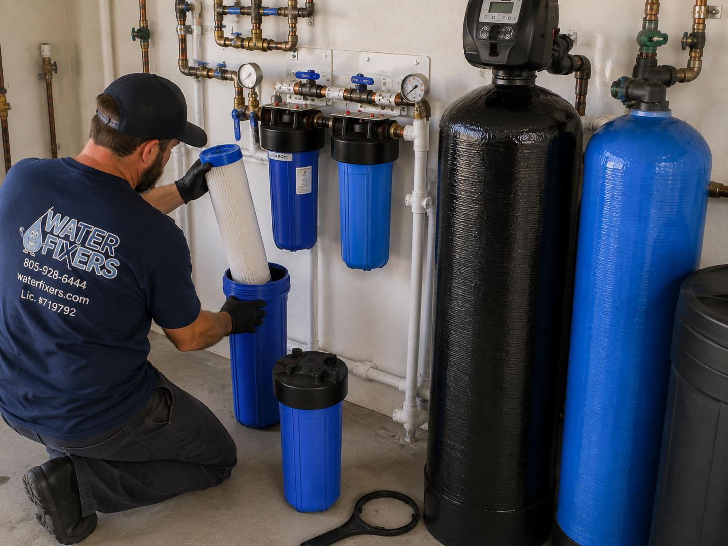 Water Fixers technician replacing a cartridge in a whole-house water filtration system