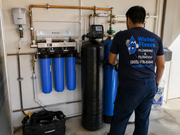 Water Fixers technician servicing a whole-house water filtration system