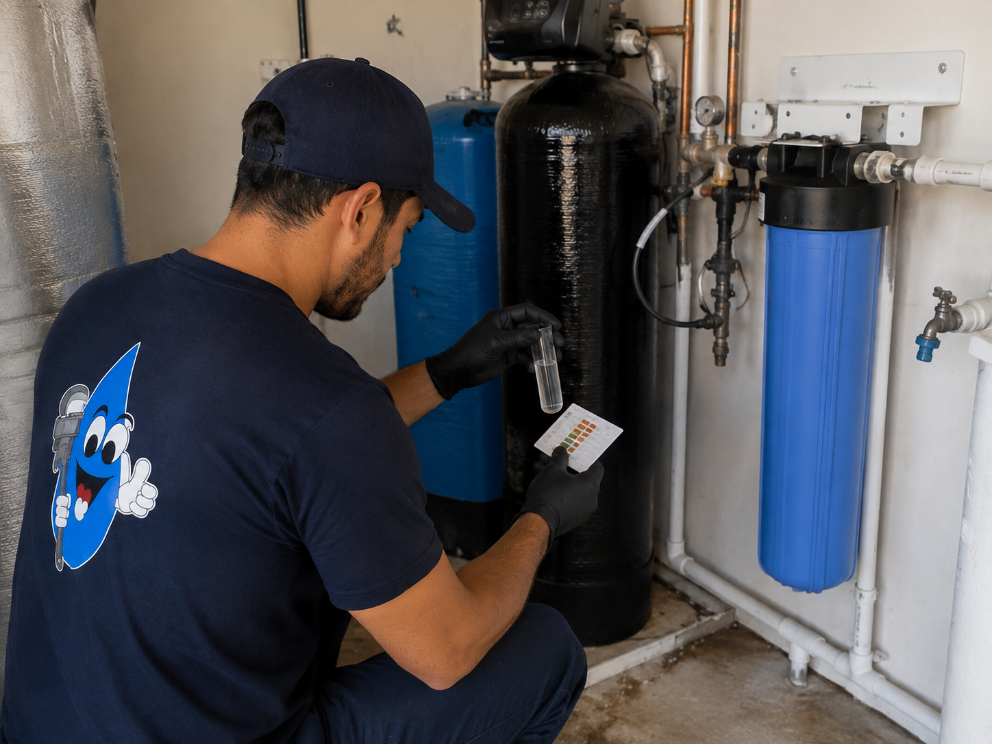 Water Fixers technician testing household water beside whole-house filtration equipment