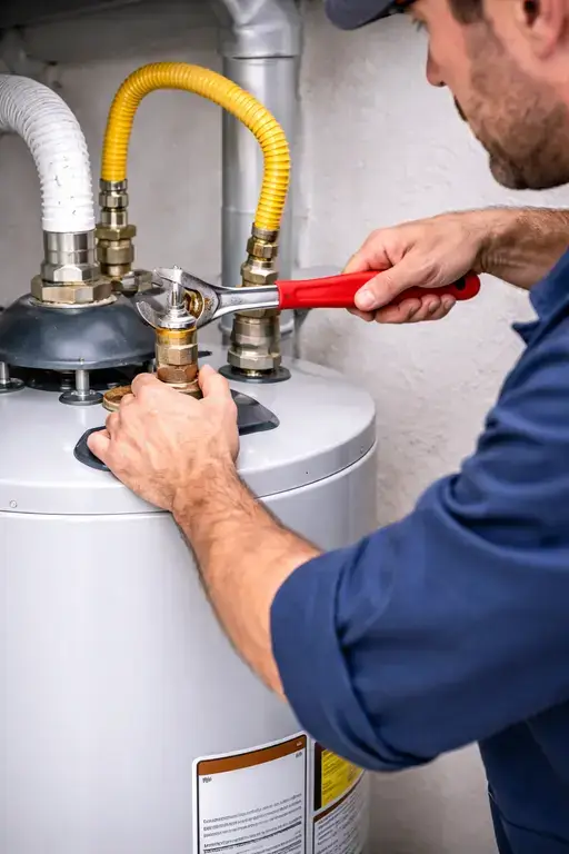 Technician connecting supply lines to a water heater