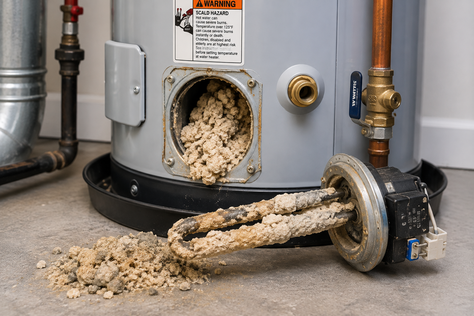 Mineral scale and sediment buildup inside a water heater