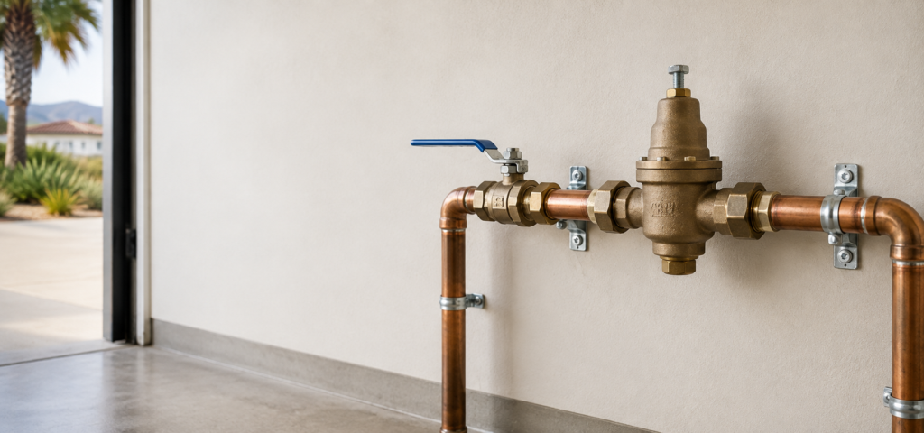 Residential brass water pressure regulator installed on the main water line