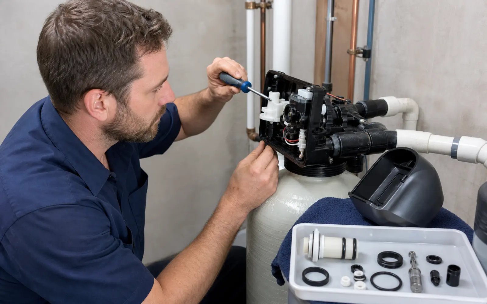 Technician servicing the control valve on a residential water softener