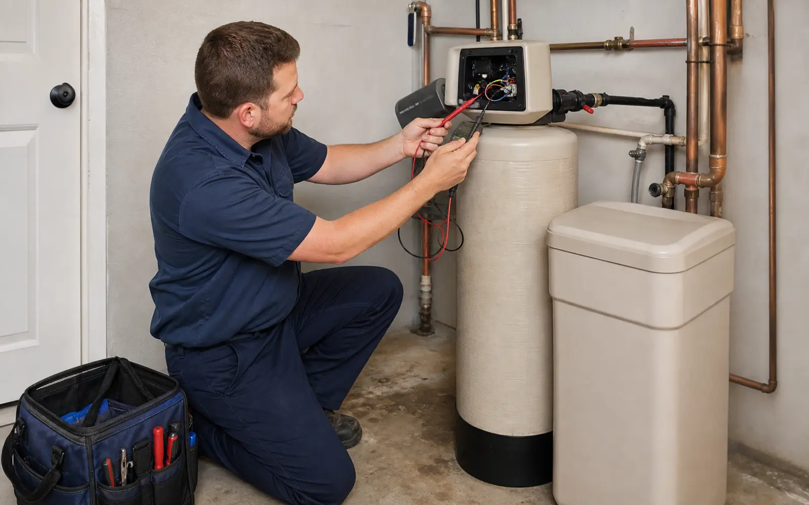 Technician diagnosing an existing water softener before recommending repair or replacement