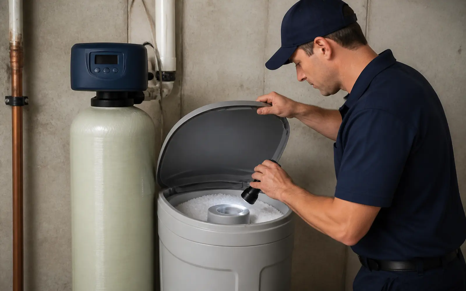 Technician performing maintenance on a residential water softener
