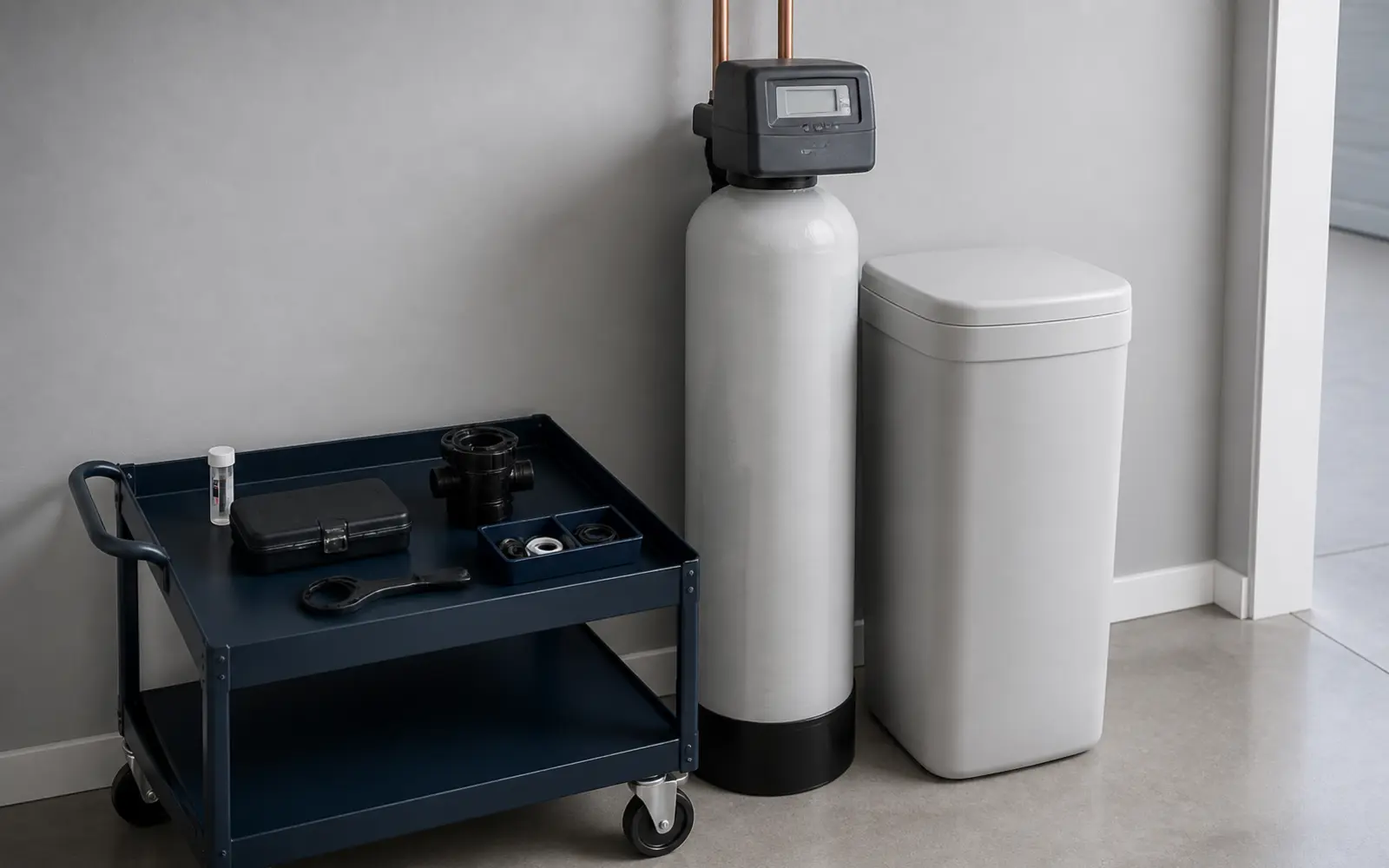 Water softener with service tools and replacement components ready for long-term maintenance