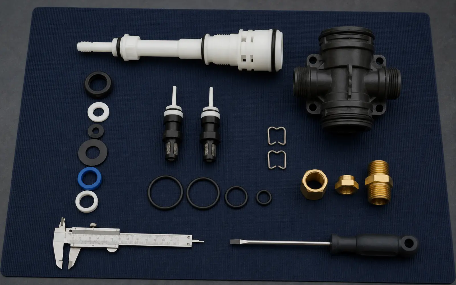 Water softener replacement parts organized for professional repair service