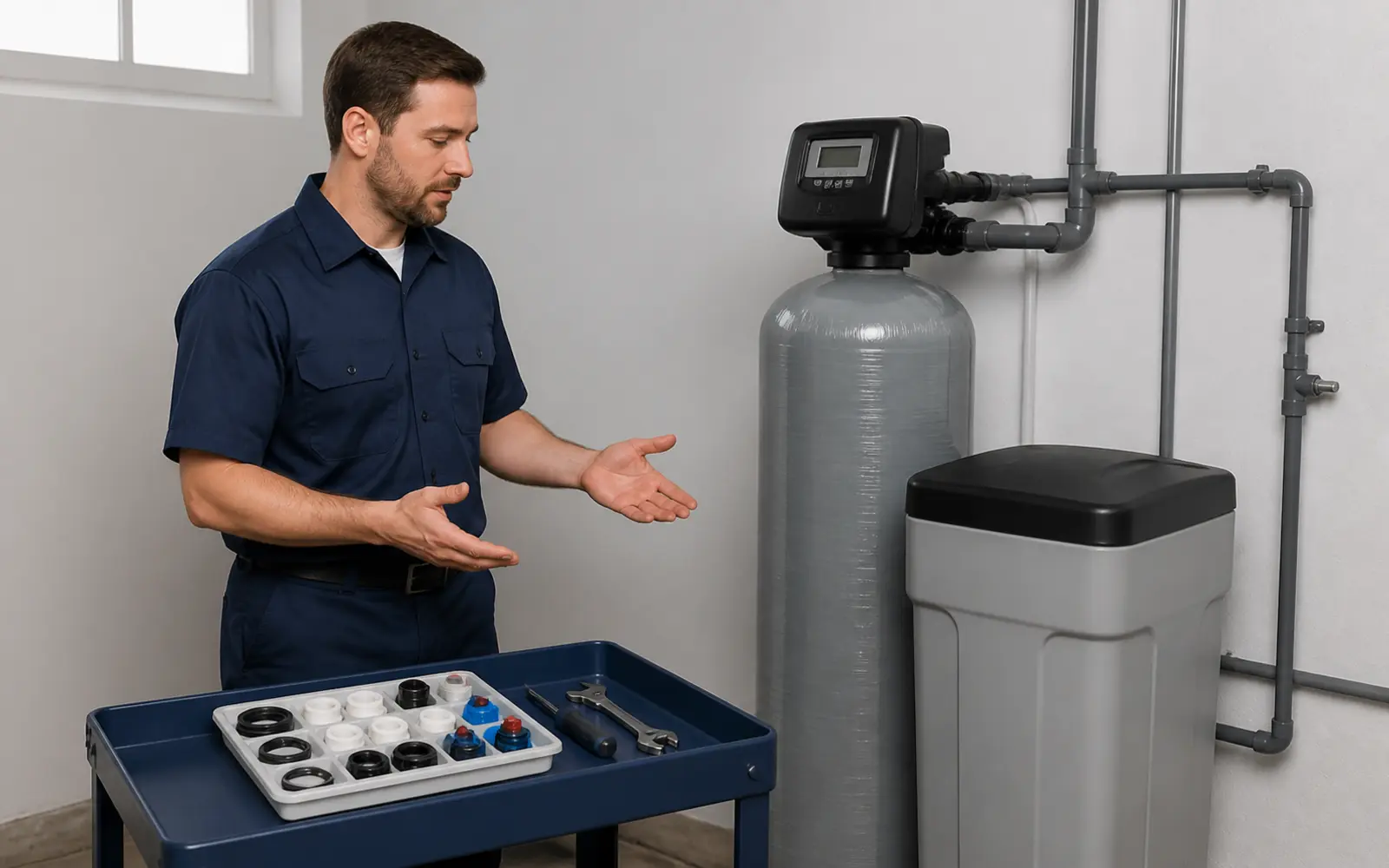 Water softener technician with replacement parts and service tools