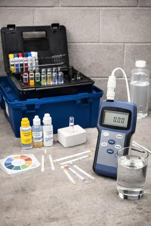 Water testing kit with sample bottles, strips and digital meters