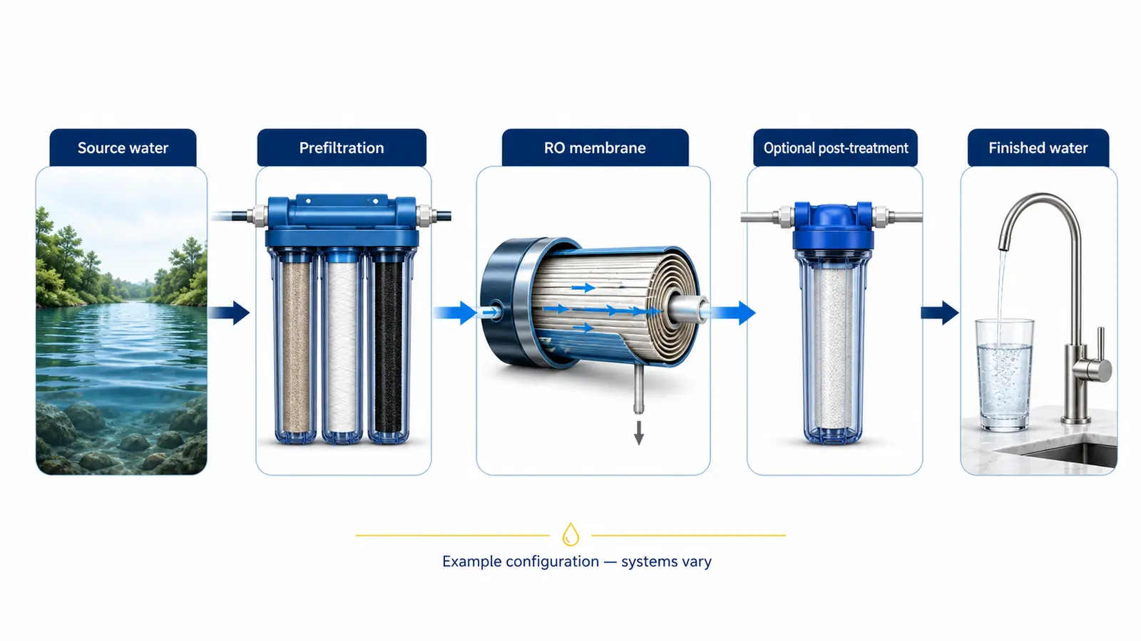 Reverse osmosis process from source water through prefiltration, membrane, optional post-treatment and finished water