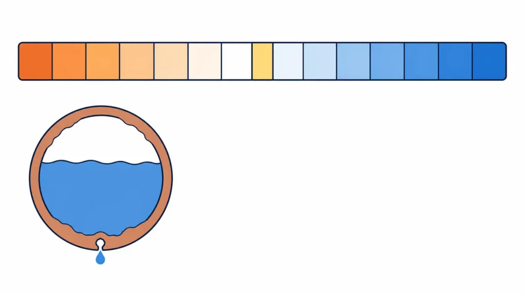 pH scale with copper-pipe corrosion illustrated on the low-pH side.