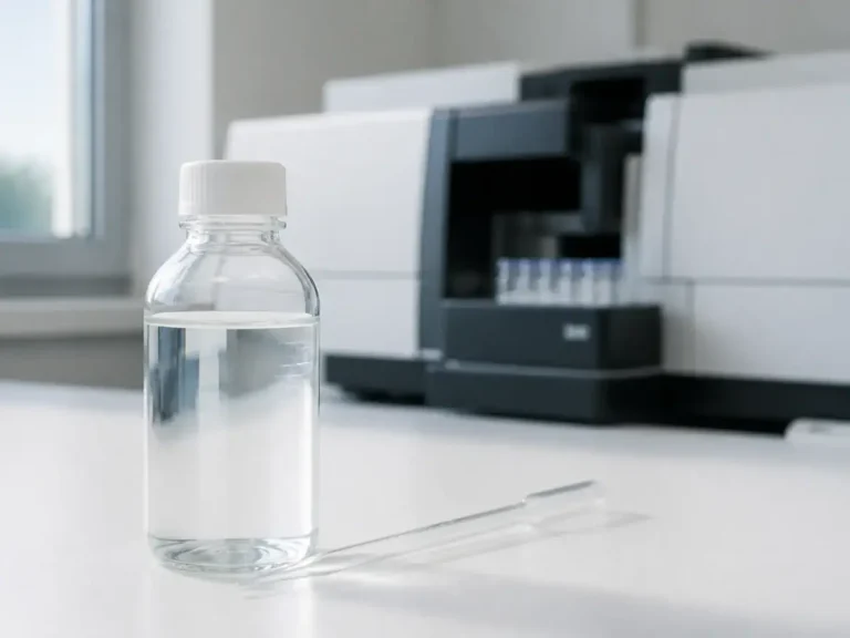 Clear water sample on a laboratory bench for arsenic testing.