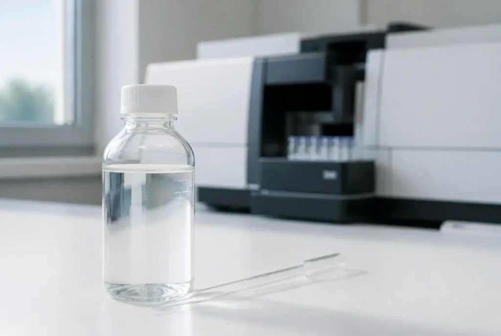 Clear water sample on a laboratory bench for arsenic testing.