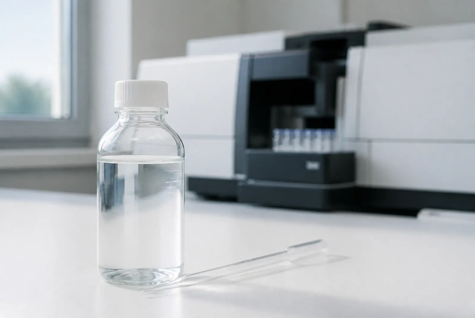 Clear water sample on a laboratory bench for arsenic testing