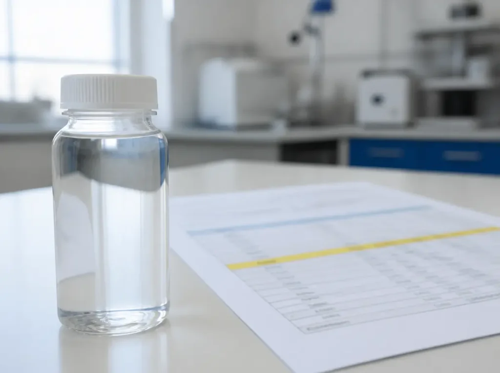 A laboratory report beside a clear water sample used to confirm arsenic.