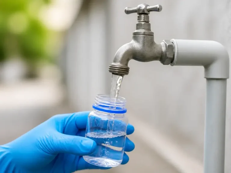 Sterile collection of a clear well-water sample for bacteria testing.