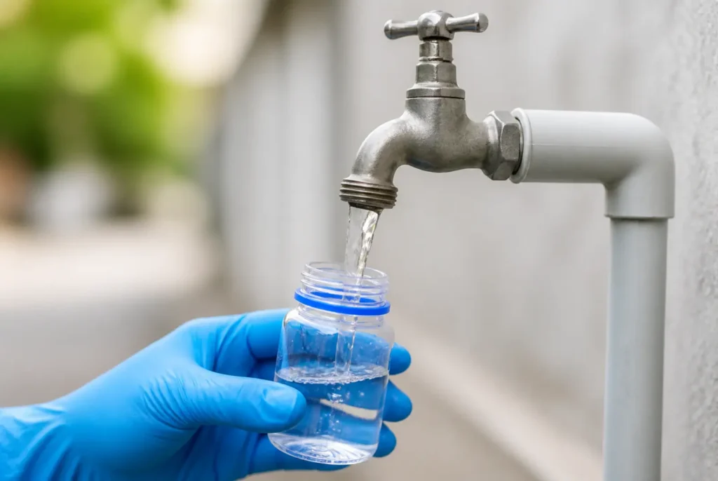 Sterile collection of a clear well-water sample for bacteria testing.