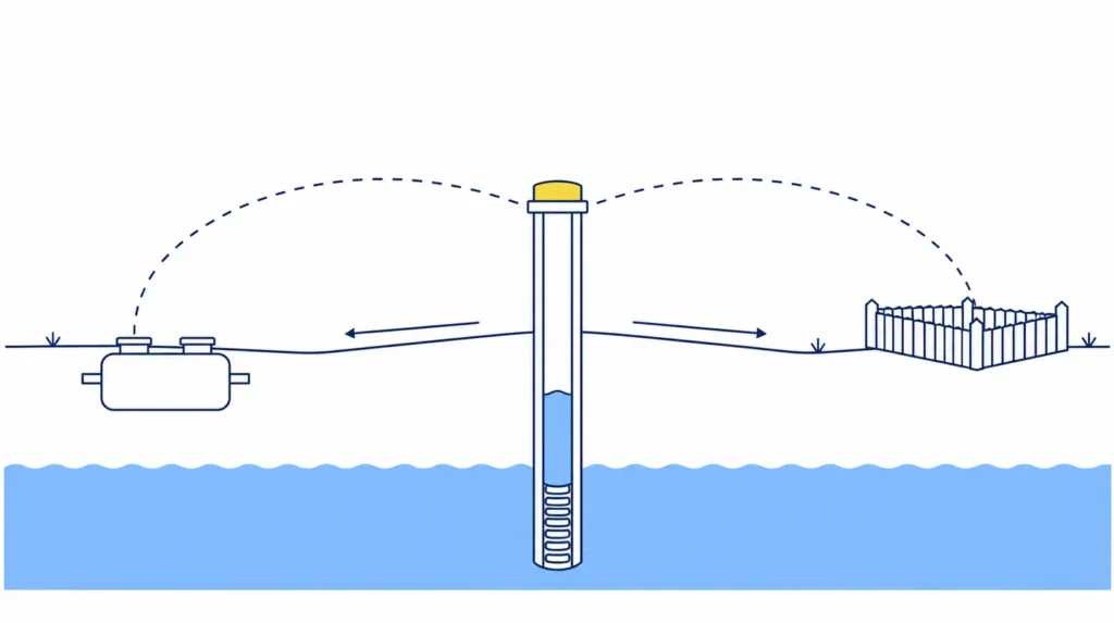 Well-head protection concept: sealed cap, grading and setback distances.