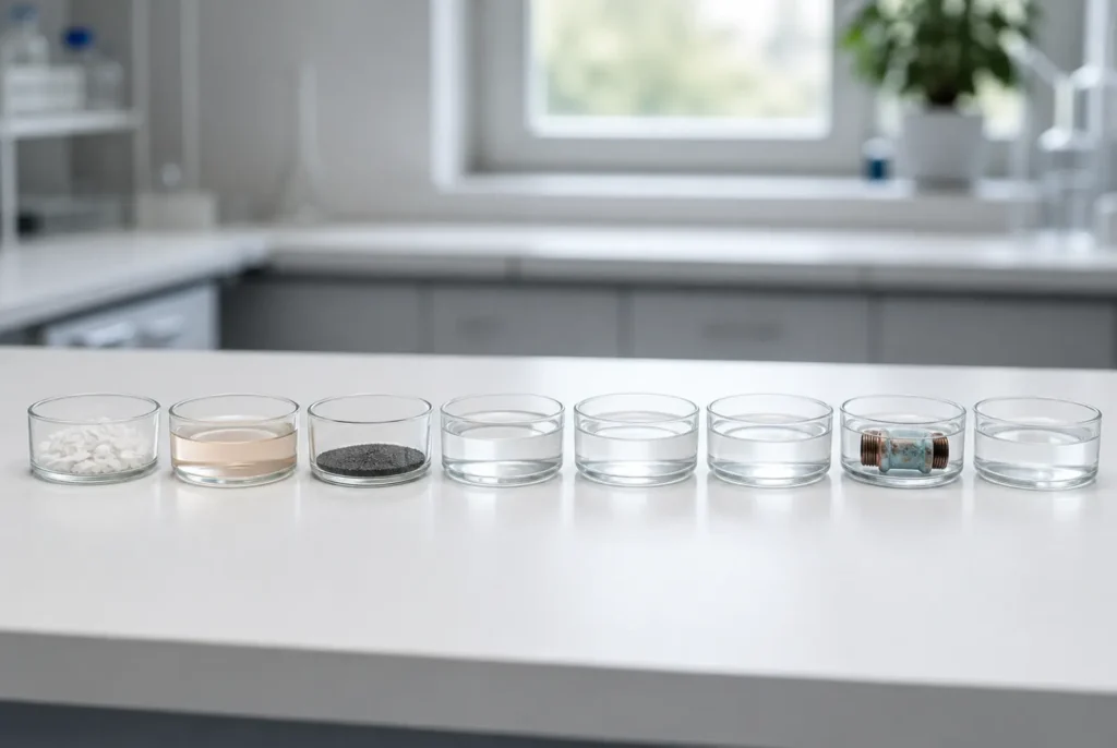 Eight sample dishes representing water-quality concerns, with most samples clear.