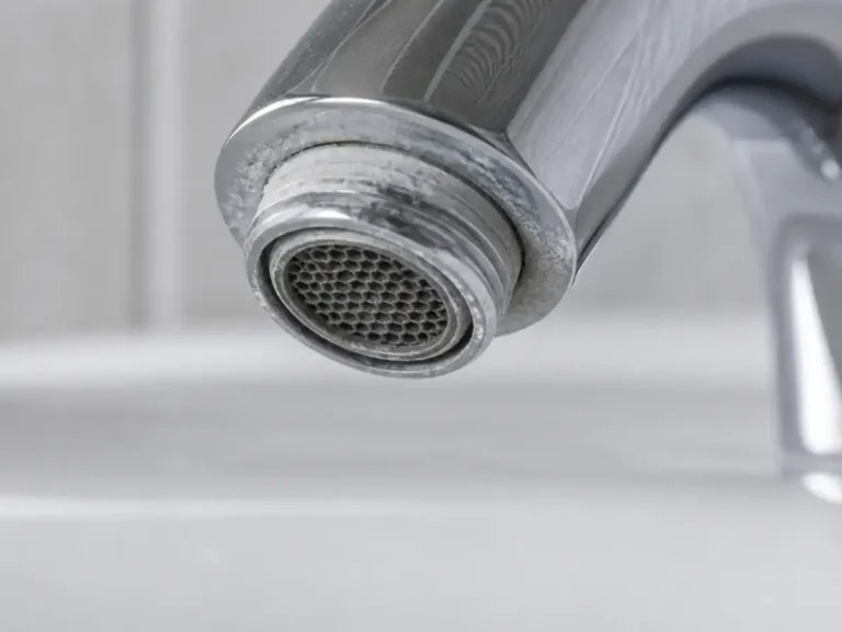 Light mineral scale on a faucet aerator, a possible sign of hard water.