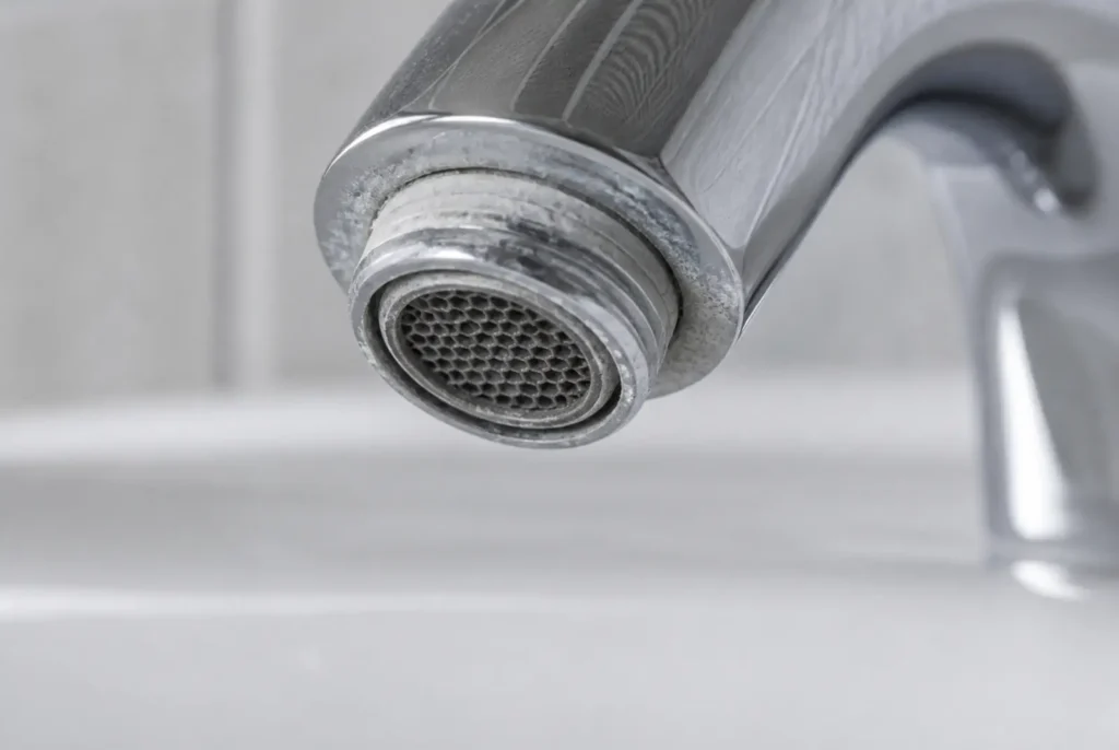 Light mineral scale on a faucet aerator, a possible sign of hard water.