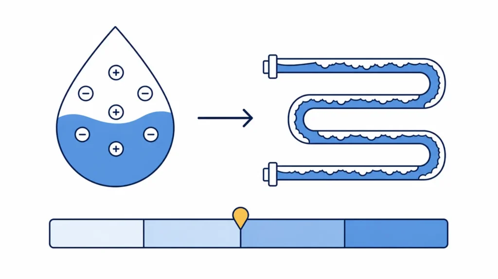 Diagram of dissolved calcium and magnesium forming scale when water is heated.