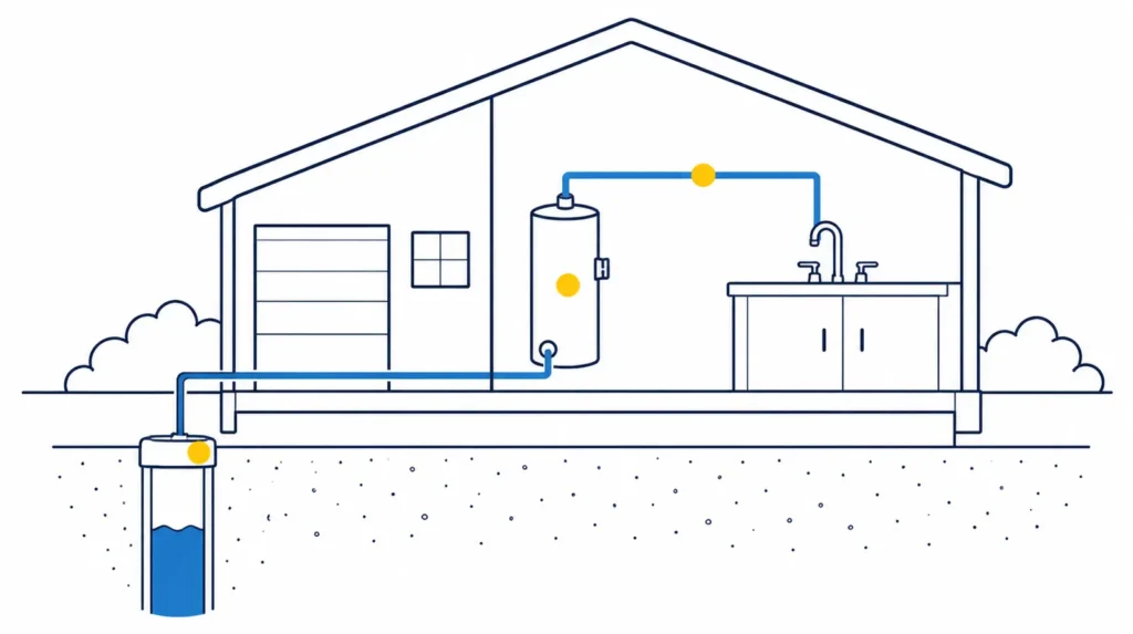Diagram of three possible sources of a rotten-egg odor: source water, water heater and plumbing.