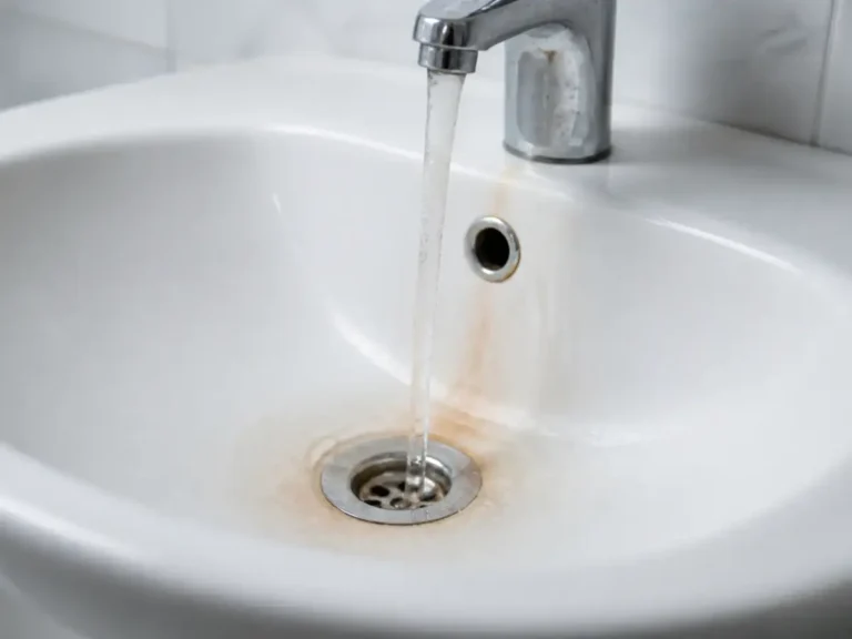Orange-brown staining around a sink drain that may be consistent with iron.