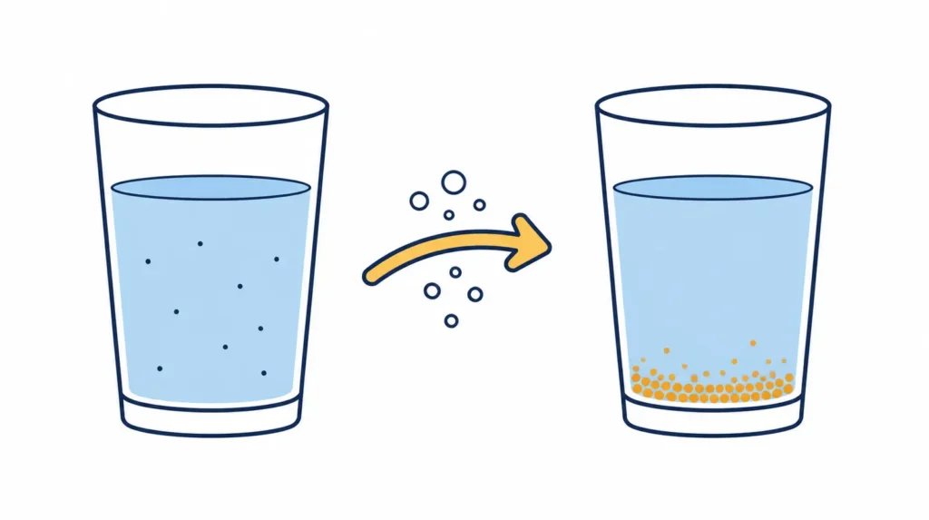 Diagram contrasting clear dissolved iron with oxidized iron particles.
