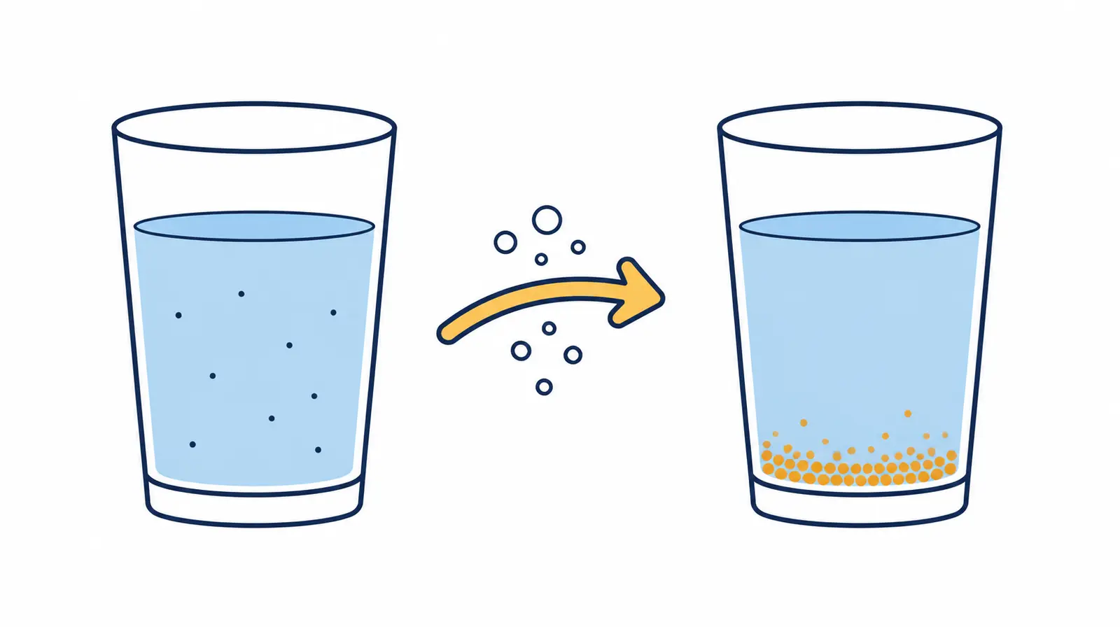 Diagram showing dissolved iron in clear water becoming oxidized iron particles after exposure to air