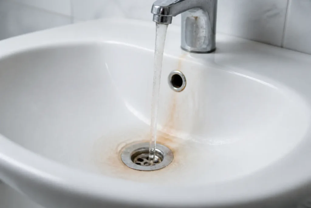 Orange-brown staining around a sink drain that may be consistent with iron.