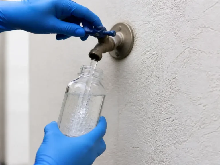 Clear well-water sample collected in a laboratory bottle for nitrate testing.