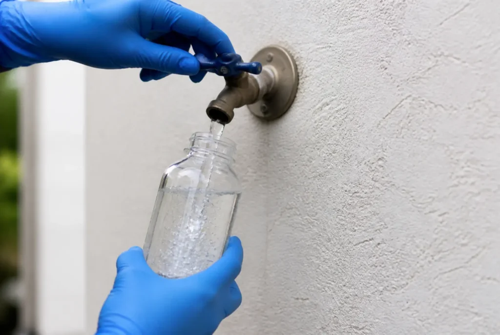 Clear well-water sample collected in a laboratory bottle for nitrate testing.