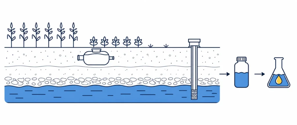 Pathway from possible nitrate sources through groundwater to a well and laboratory test.