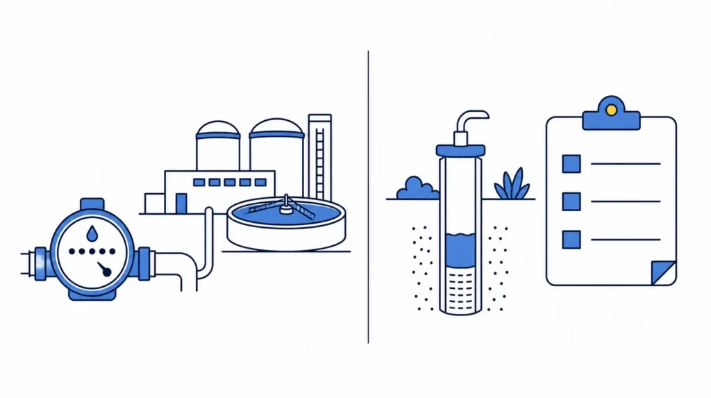 Diagram comparing public water systems with private-well responsibility.