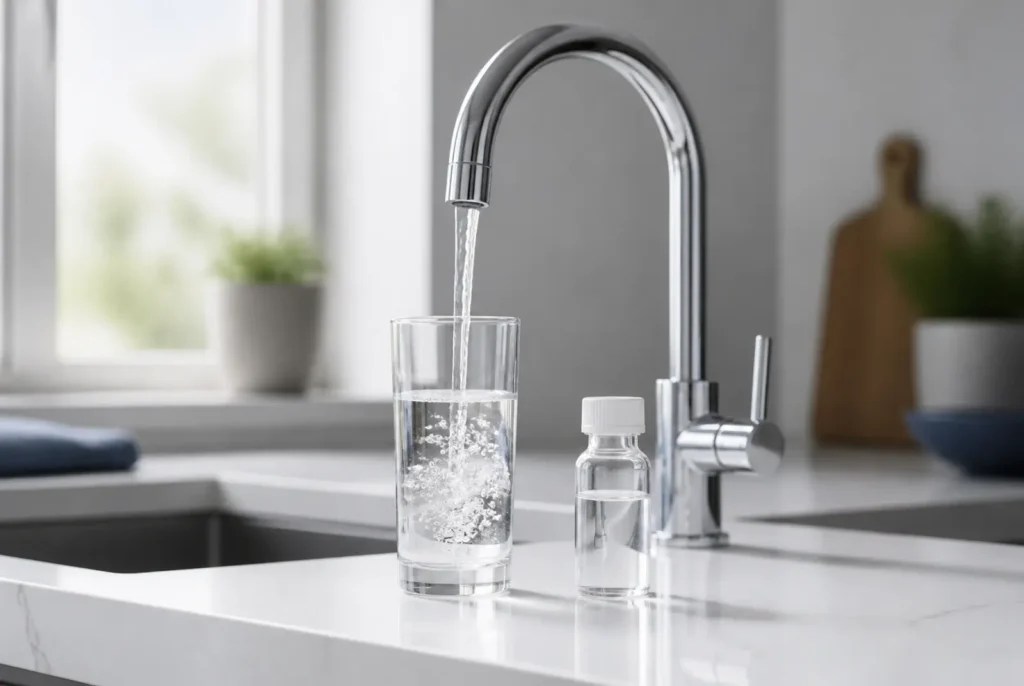 Clear tap water filling a glass beside a water-sample bottle.
