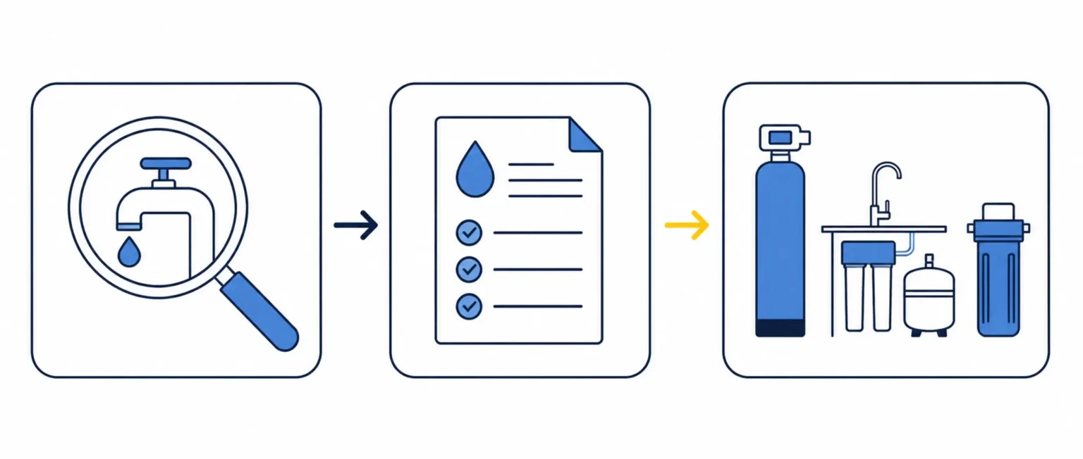 Three-step path from noticing a water concern to testing and matching treatment.