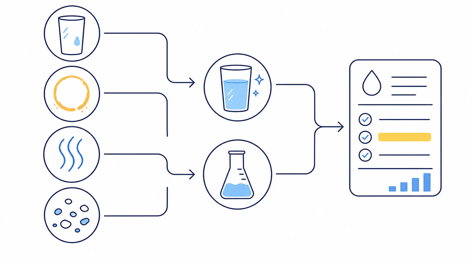 Diagram showing visible and invisible water concerns leading to testing and a measured result