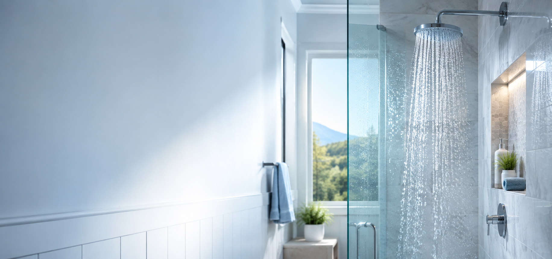 Clean residential shower with clear water for whole-house chlorine filtration