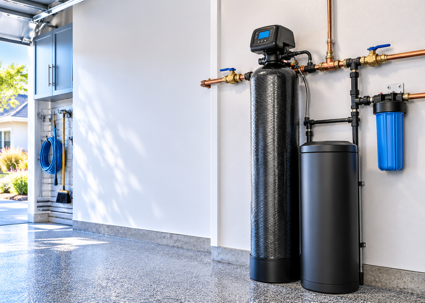 Whole-house chlorine filtration system installed on a residential water supply
