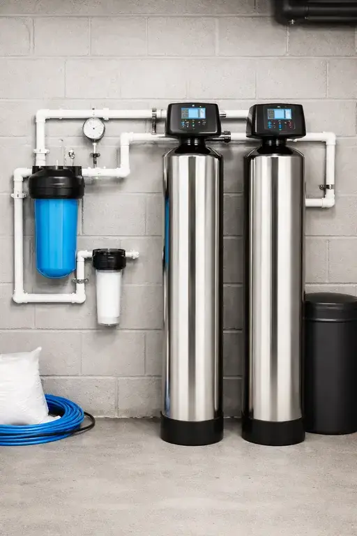 Whole-house filtration and water treatment tanks installed against a wall