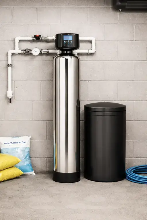 Whole-house water softener with brine tank installed against a wall