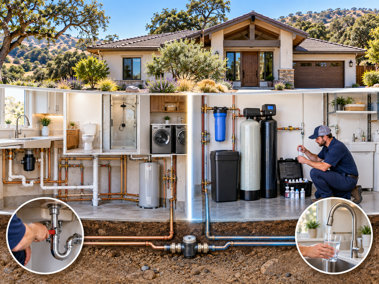 Cutaway Atascadero home showing plumbing and water treatment service paths