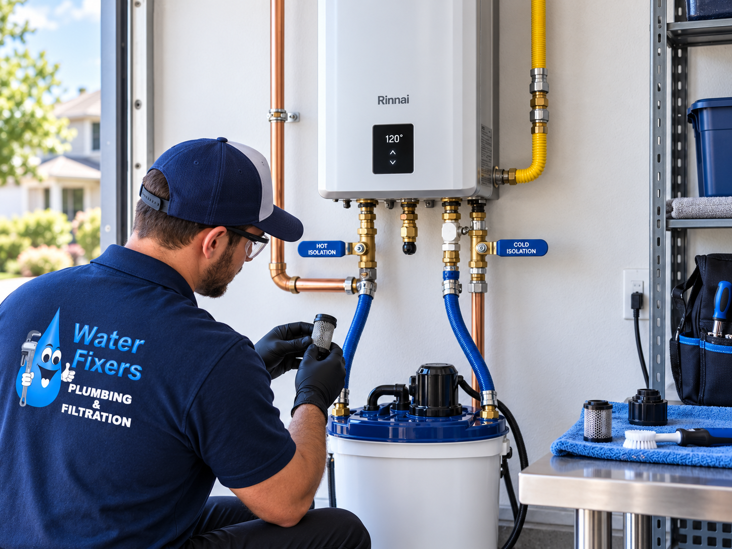 Water Fixers technician performing annual tankless water heater maintenance and descaling