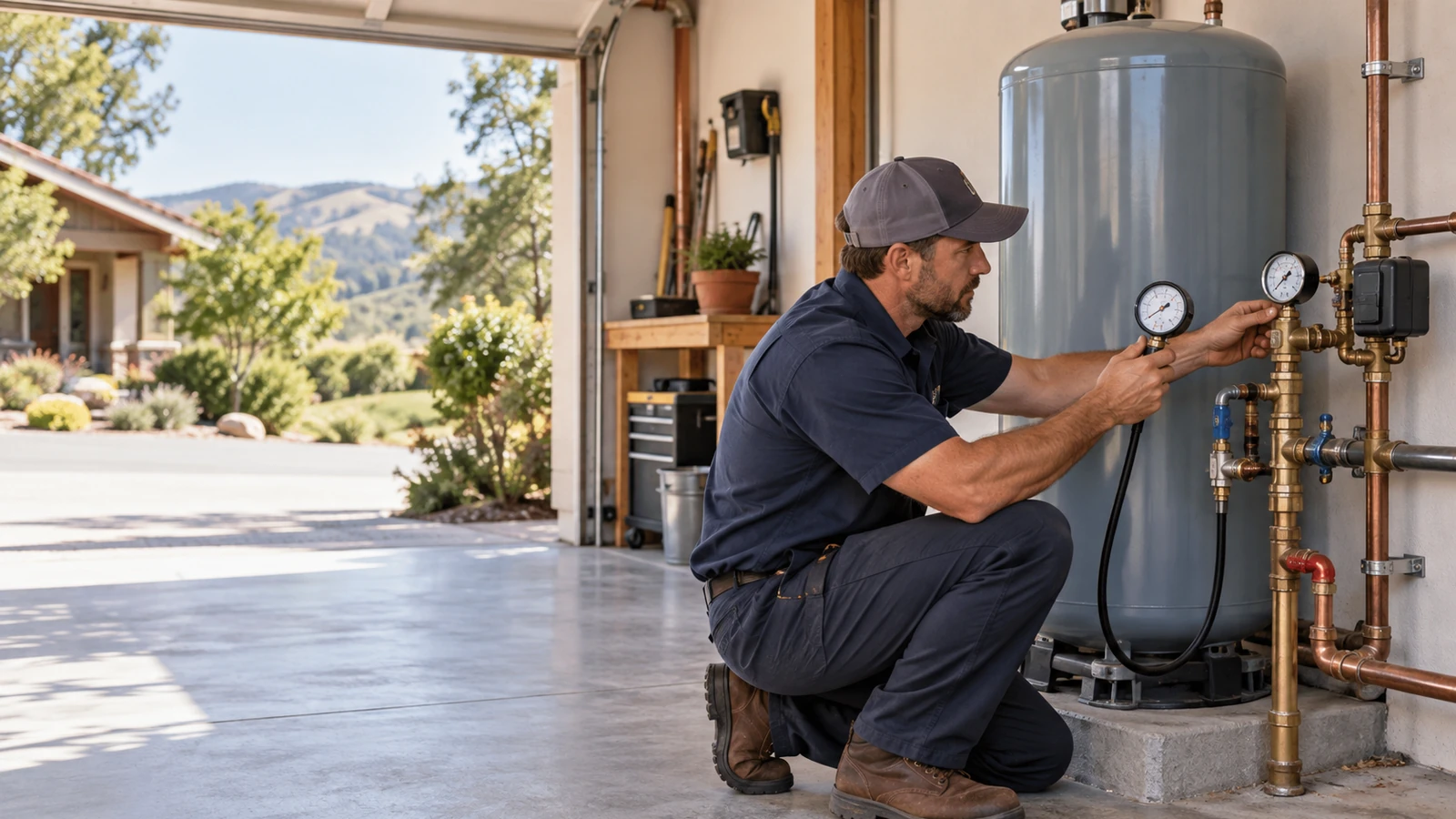Water Fixers technician checking residential water pressure equipment and gauges at a home in Arroyo Grande, California